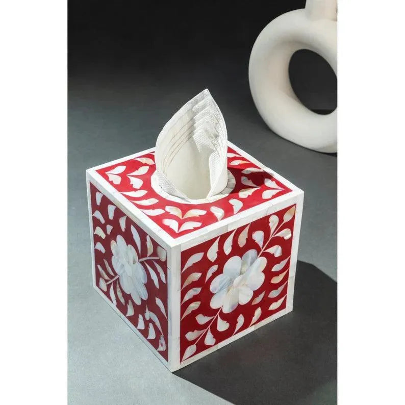 Red Velvet Floral Tissue Box - Jodha Furniture