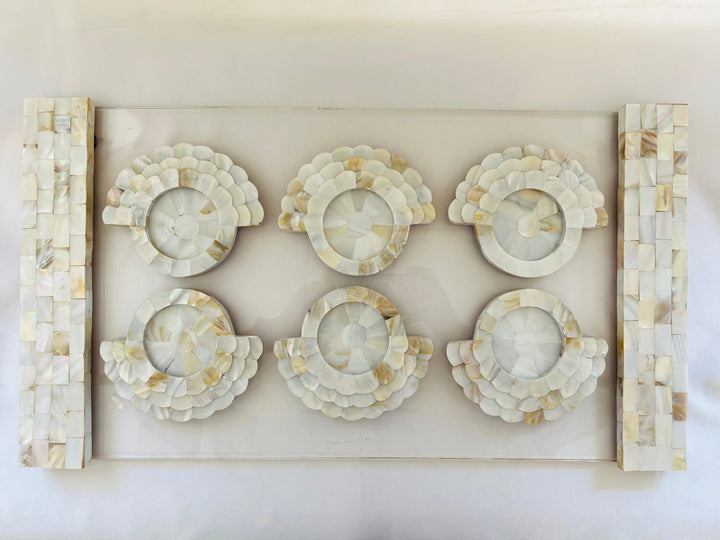 Regal Splendor Mother of Pearl Glass Tray and Floral Coasters - Jodha Furniture