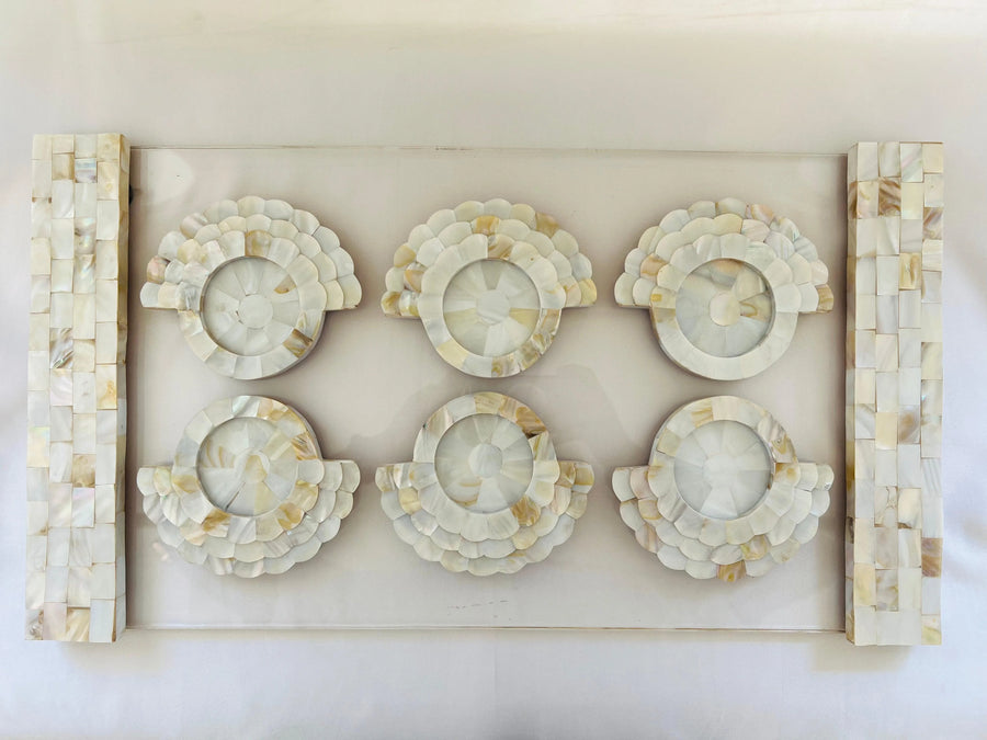 Regal Splendor Mother of Pearl Glass Tray and Floral Coasters - Jodha Furniture