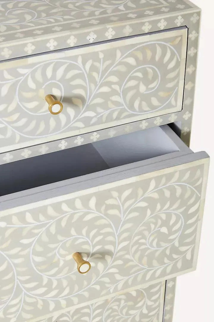 Scroll Vine Inlay Three-Drawer Chest Of Drawer - Jodha Furniture