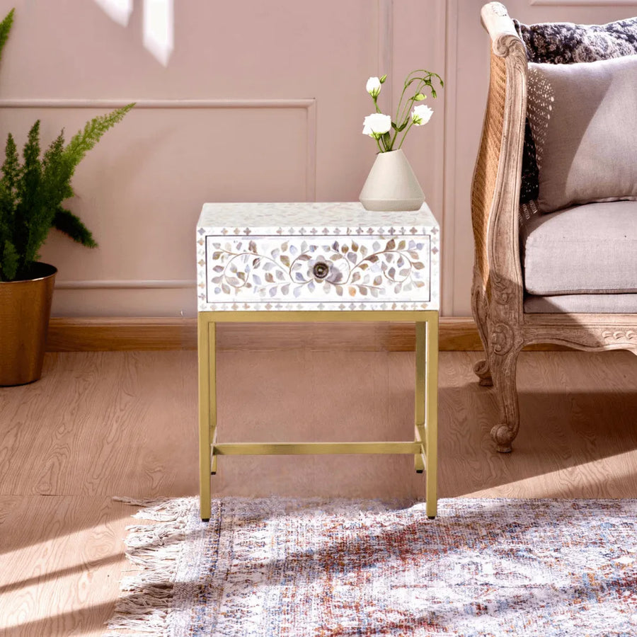 Seema Side Table Drawer - White Mother of Pearl Inlay - Jodha Furniture