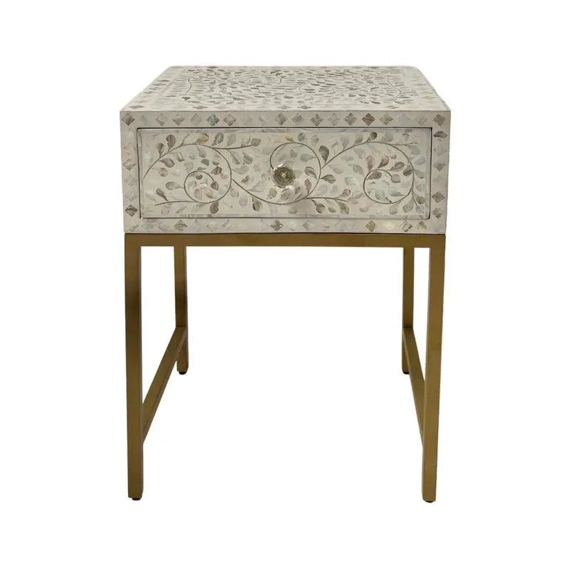 Seema Side Table Drawer - White Mother of Pearl Inlay - Jodha Furniture