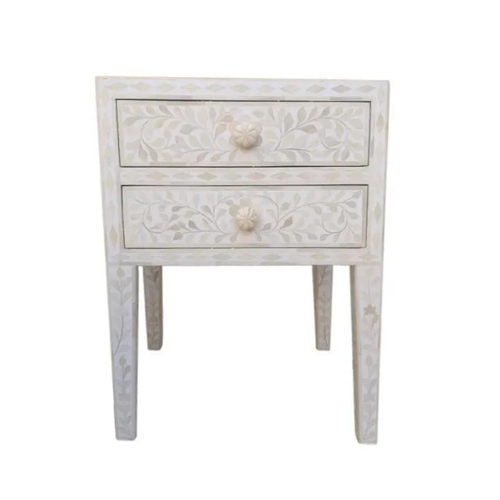 Serene White Floral Bedside Table - Jodha Furniture