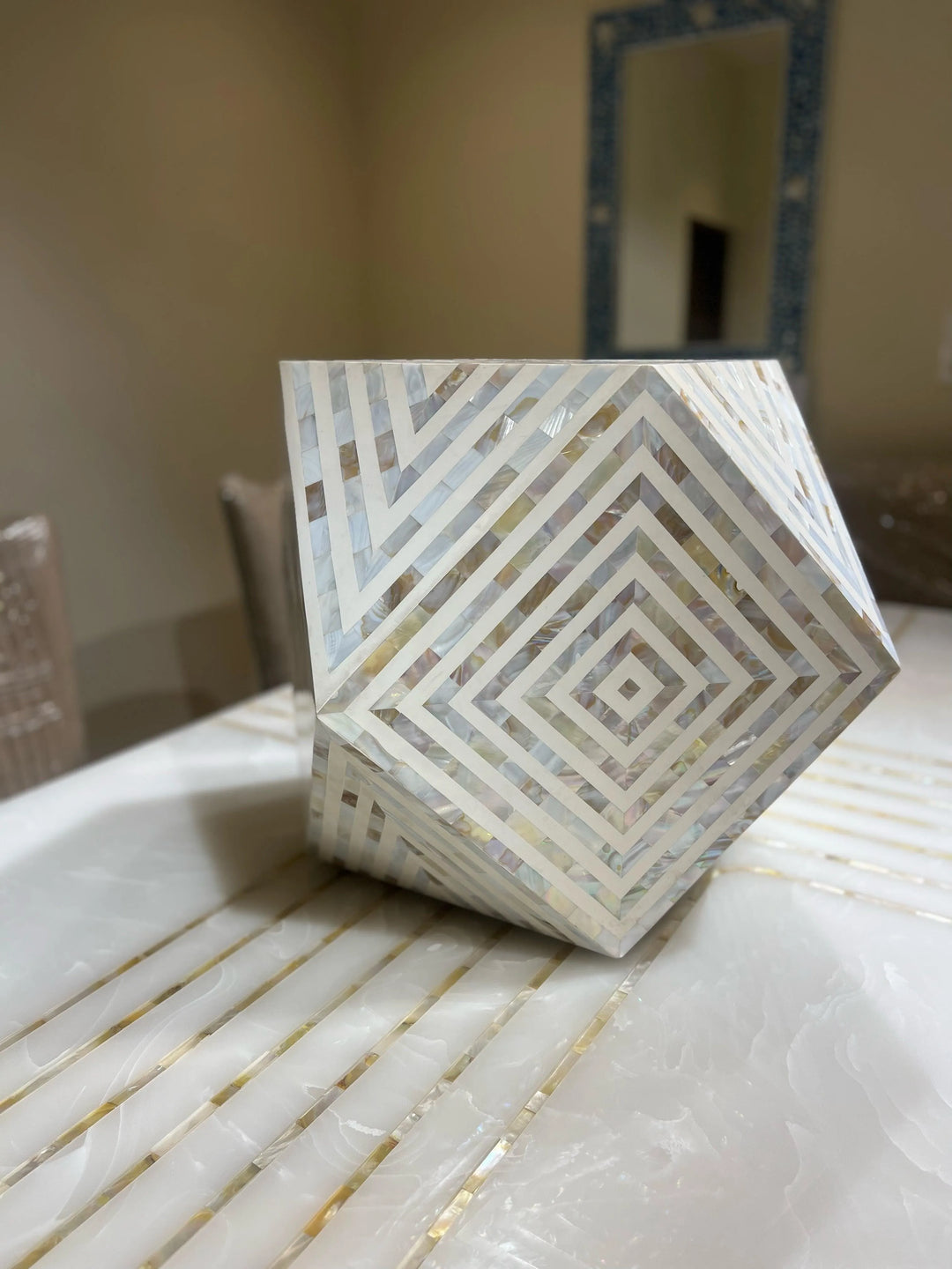 White Diamond-Shaped Mother of Pearl End Table - Jodha Furniture